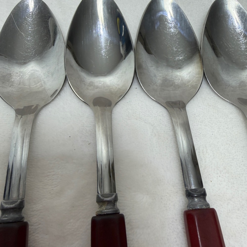 VTG Red Bakelite Handle Stainless Steel Spoons Set of 5 Mid-Century Art Deco - Picture 6 of 14
